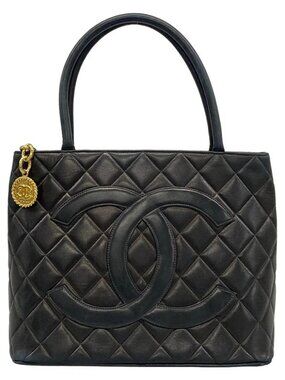CHANEL Caviar Medallion Tote Black Lambskin Tote Bag Gold hardware